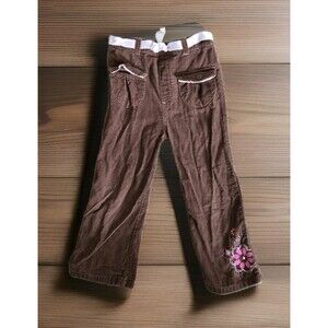 Girls 5T Brown Corduroy Pants Pink Embroidered Flowers Ribbon Belt Super Cute!